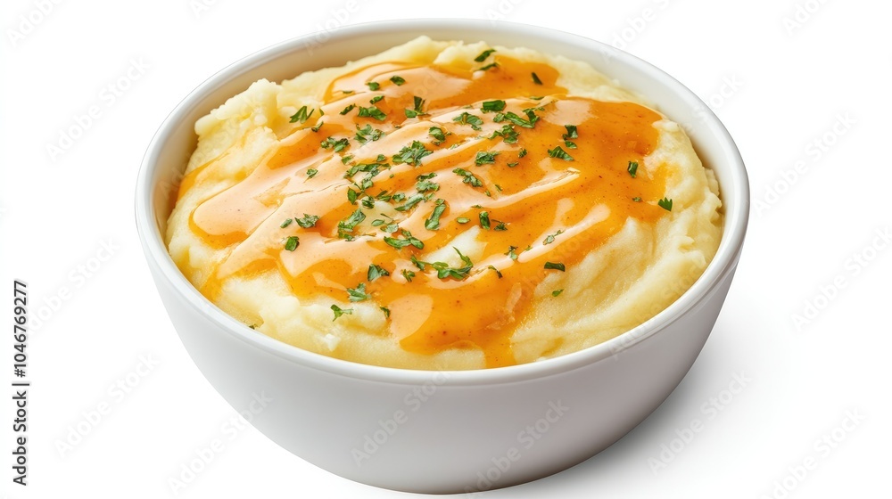 A bowl of creamy mashed potatoes with a drizzle of gravy, isolated on white background. A bowl of creamy mashed potatoes with a drizzle of gravy, isolated on white background.