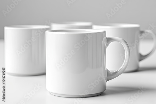 Three blank white coffee mugs. Perfect for showcasing your designs, branding, or text. photo