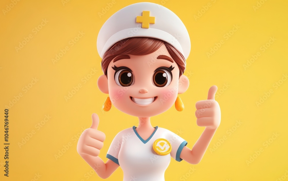 Illustrate a 3D cartoon emoji of a cheerful nurse giving a thumbs-up, wearing a nurse's cap, showcasing commitment to patient health and well-being Illustrate a 3D cartoon emoji of a cheerful nurse giving a thumbs-up, wearing a nurse's cap, showcasing commitment to patient health and well-being
