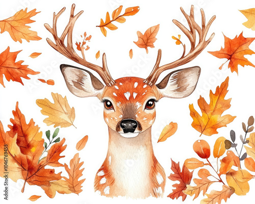 A beautiful deer surrounded by vibrant autumn leaves, perfect for nature and seasonal themes in artwork and design. photo