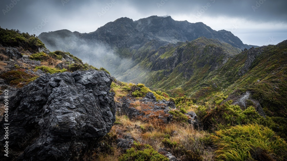 Fototapeta premium Rocky Mountain Landscape with Dark Boulder and Foggy Valley