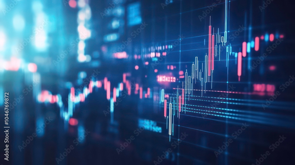 A close-up of a computer screen displaying a stock market graph with red and blue lines and numbers. A close-up of a computer screen displaying a stock market graph with red and blue lines and numbers.