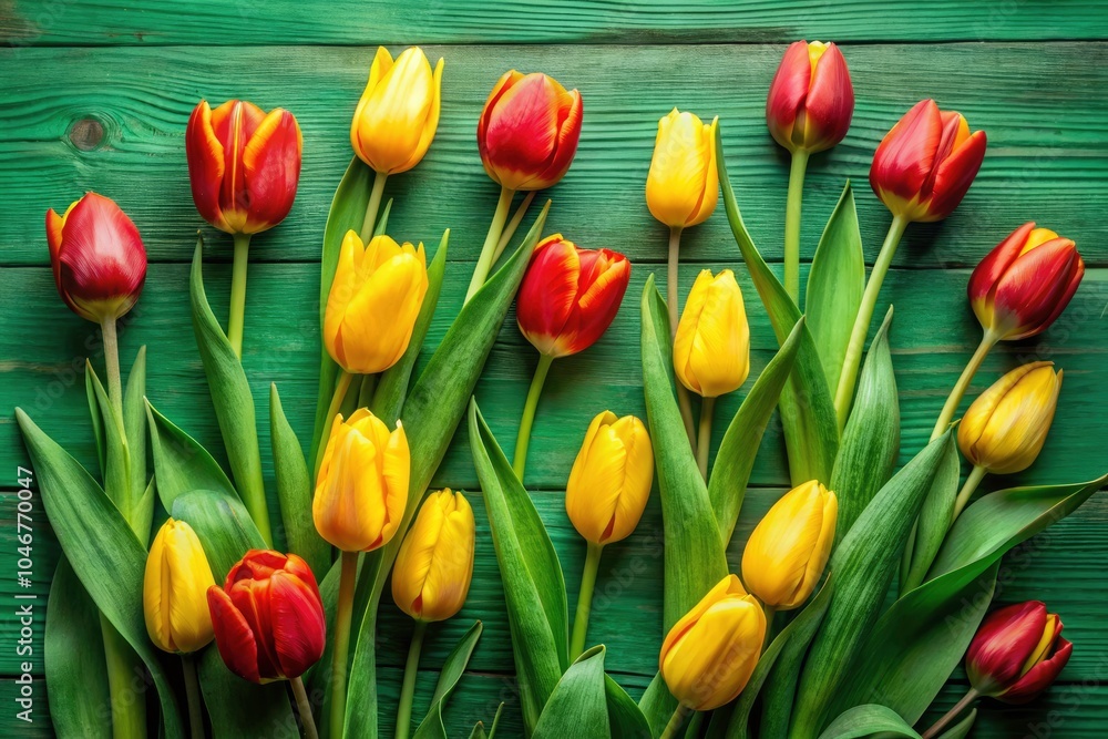 Vibrant Yellow and Red Tulips on a Green Background - Nature Still Life Flat Lay with Rule of Thirds Composition Vibrant Yellow and Red Tulips on a Green Background - Nature Still Life Flat Lay with Rule of Thirds Composition