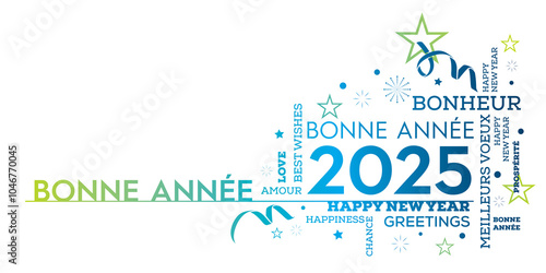 carte de voeux Bonne année 2025 nuage de mots bleu vert