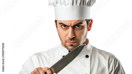 A chef holding a sharp knife, preparing to slice vegetables, isolated on white background. photo