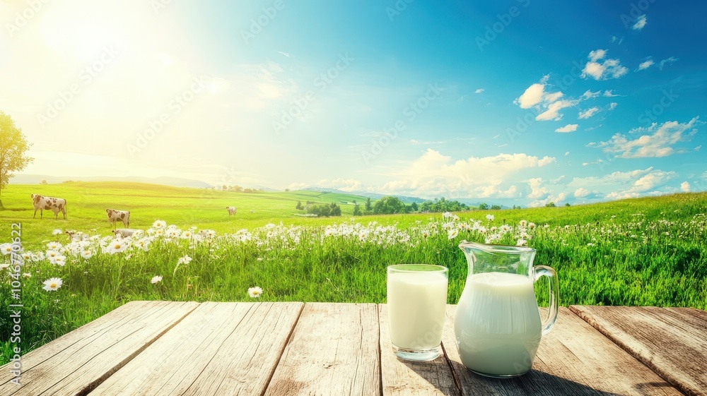 Fresh milk from pitcher into the glass with grass field and cows with a natural background,fresh milk ad template banner,Cows live on natural pastures, packaging with milk packs concept. Fresh milk from pitcher into the glass with grass field and cows with a natural background,fresh milk ad template banner,Cows live on natural pastures, packaging with milk packs concept.