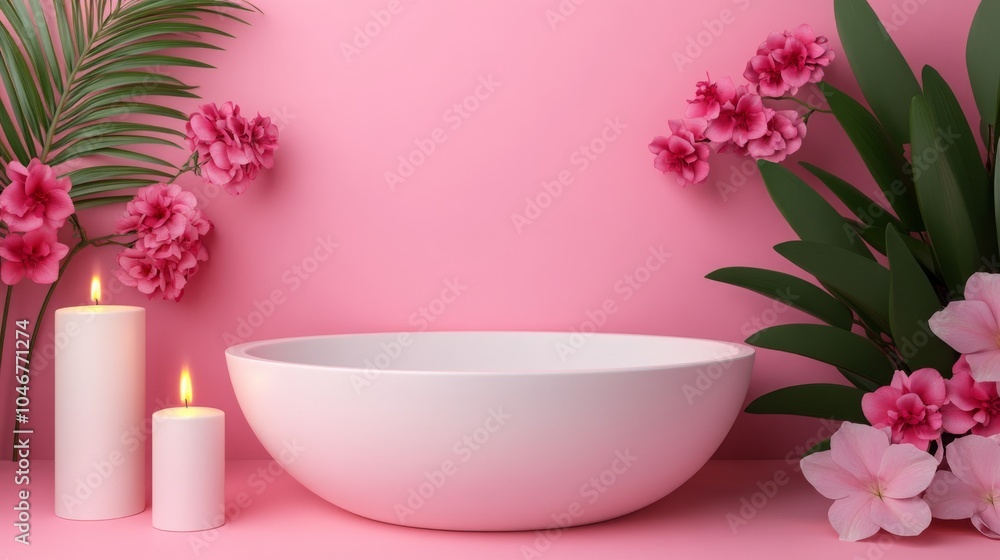 A serene bathroom retreat embracing tranquility with elegant floral accents and soothing candlelight in a pink oasis A serene bathroom retreat embracing tranquility with elegant floral accents and soothing candlelight in a pink oasis