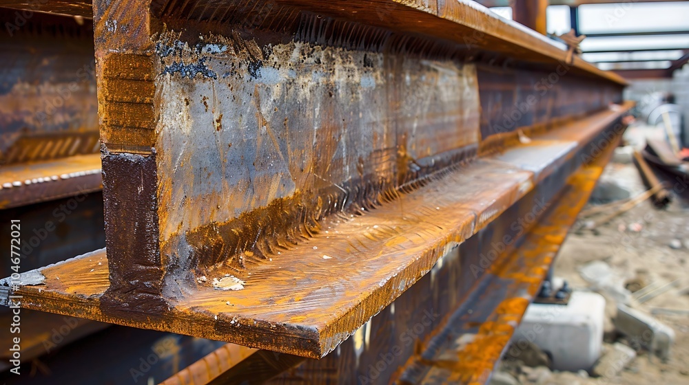 Obraz premium Close-up of a large rusty metal beam. The beam is an I-beam, which is a type of structural steel beam that is used in construction.