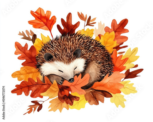 A cozy hedgehog nestled among vibrant autumn leaves, capturing the essence of fall and nature's beauty. photo