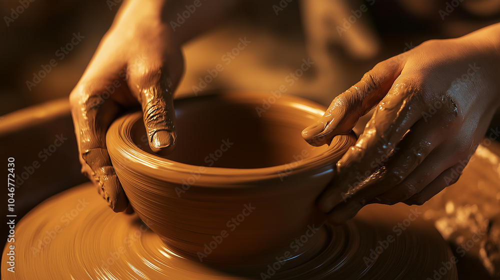 Hands shaping a clay bowl on a pottery wheel, capturing the artistry and tactile experience of pottery making. Hands shaping a clay bowl on a pottery wheel, capturing the artistry and tactile experience of pottery making.
