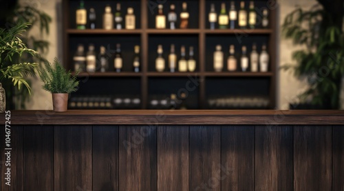 Un bar chic et classe en bois avec des étagères de bouteilles d'alcool créant une ambiance accueillante idéale pour la présentation de produits. photo