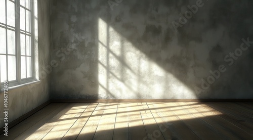 Pièce vide, ancienne, rustique, avec un plancher en bois, des murs grirs et la lumière du soleil traversant la fenêtre. photo