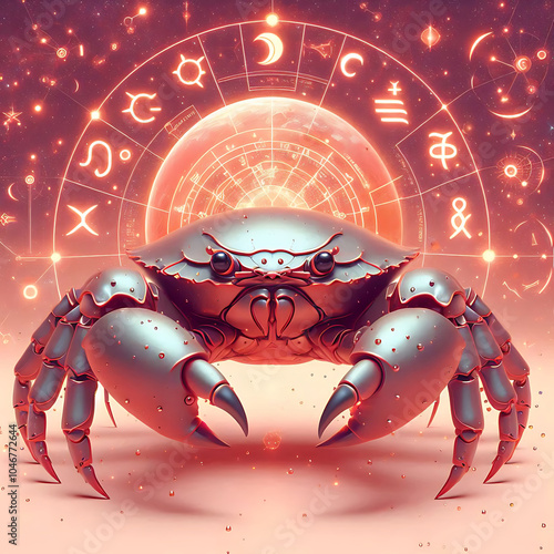 Krebs Symbol vor Universum aus Sternen, Planeten und Zeichen Symbolen der Sternzeichen, Tierkreiszeichen, Astrologie, Horoskop und Vorhersage, astrologischer Kalender photo