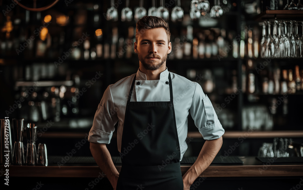 Chef kitchen apron. Chef cook in a uniform, kitchen apron, wearing protective apparel, culinary environment, food service setting, chef in kitchen interior, apron mock-up. Realistic style photo Chef kitchen apron. Chef cook in a uniform, kitchen apron, wearing protective apparel, culinary environment, food service setting, chef in kitchen interior, apron mock-up. Realistic style photo