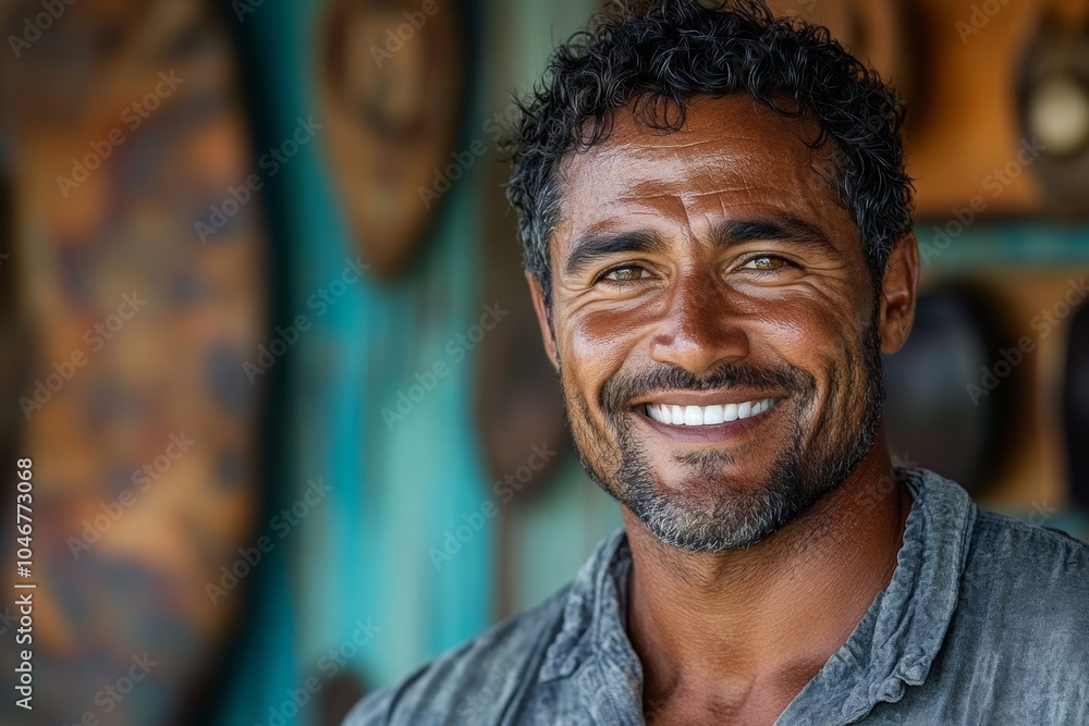 Close portrait of a smiling 40s Solomon Islander man looking at the camera, Solomon Islander outdoors blurred background Close portrait of a smiling 40s Solomon Islander man looking at the camera, Solomon Islander outdoors blurred background