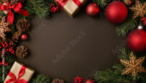 Christmas decorations and gifts as frame, top view with blank space, background for new year celebrations, winter fairy tale