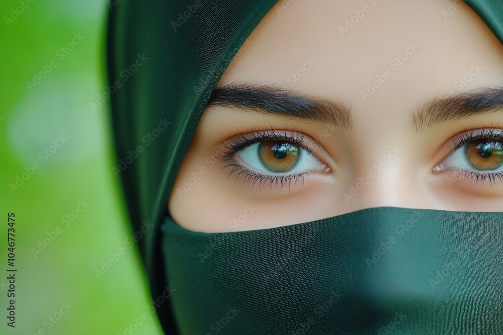 Captivating Muslim teenage girl in niqab gazes warmly. Traditional closed clothing for women of the East. Total unrecognisability of people. The rights of women of the East Captivating Muslim teenage girl in niqab gazes warmly. Traditional closed clothing for women of the East. Total unrecognisability of people. The rights of women of the East