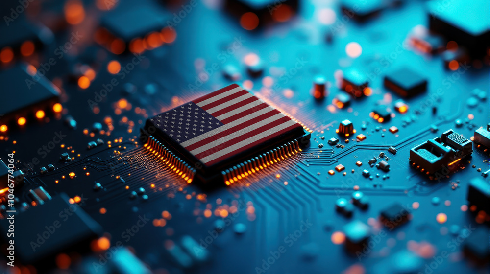 A USA themed chip is placed on a detailed circuit board, with glowing connections that emphasize influence in electronics, computing, and tech innovation. A USA themed chip is placed on a detailed circuit board, with glowing connections that emphasize influence in electronics, computing, and tech innovation.