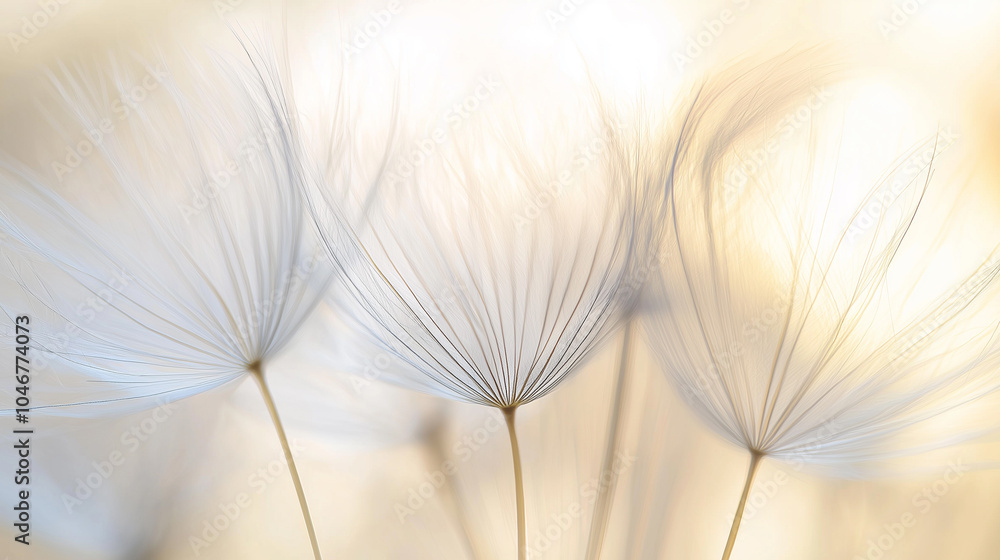 Obraz premium Macro shot of delicate dandelion seeds in soft light, creating a dreamy, ethereal atmosphere.