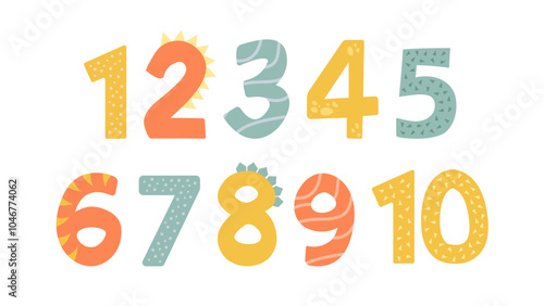 Numbers from 1 to 10 for children in style of hand drawn dinosaurs. Vector isolated numbers for children's design
