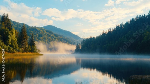 Calm Lake Reflecting Misty Mountains and Forests Under Sunlight