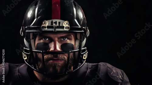 Close-up portrait of a football player wearing a helmet and looking intently at the camera. photo