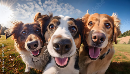 A group of  dogs acting like doing a selfie camera view
