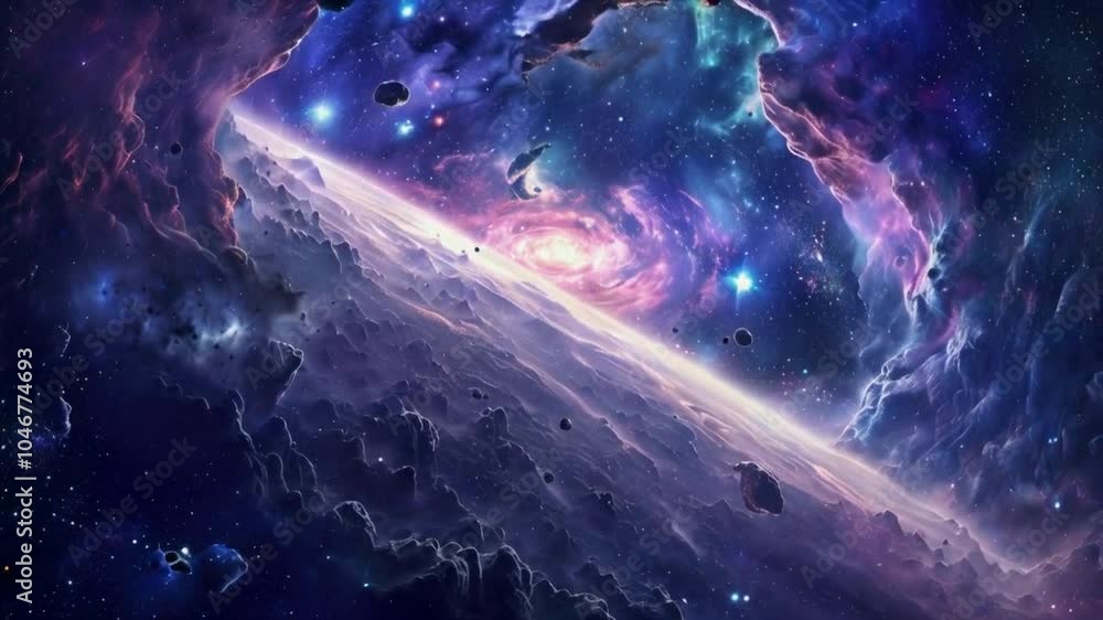 A vibrant cosmic scene showcasing a swirling galaxy amidst colorful nebulae and stars. A vibrant cosmic scene showcasing a swirling galaxy amidst colorful nebulae and stars.