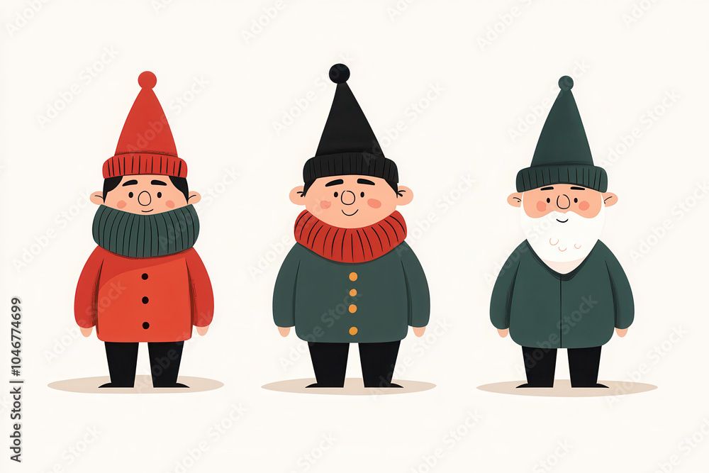 Cute Cartoon Characters of Three Winter Gnomes in Cozy Outfits with Hats and Scarves Cute Cartoon Characters of Three Winter Gnomes in Cozy Outfits with Hats and Scarves