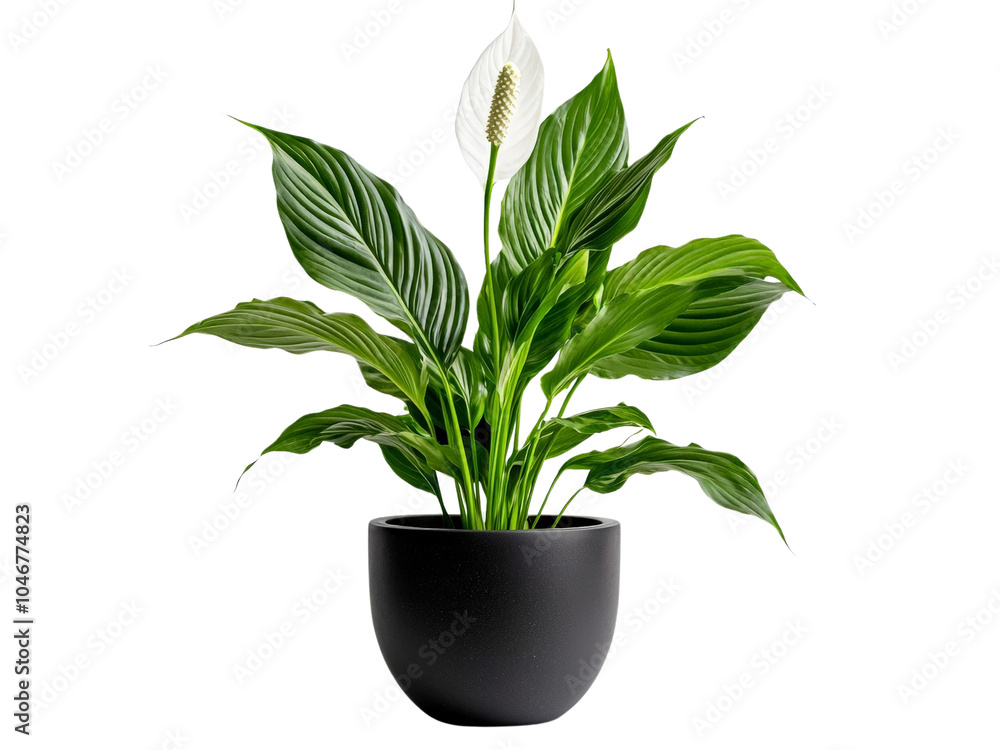 A vibrant potted peace lily with dark green leaves and a single white bloom, isolated on a transparent background, PNG file. A vibrant potted peace lily with dark green leaves and a single white bloom, isolated on a transparent background, PNG file.
