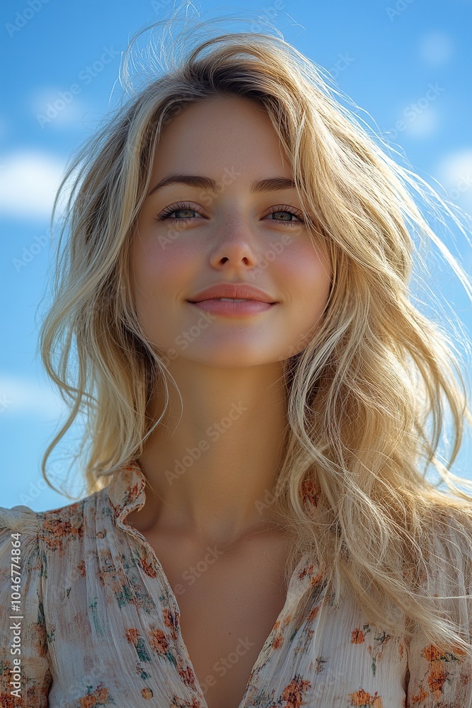 smiling dutch blond woman shot from low angle with blue sky on the background smiling dutch blond woman shot from low angle with blue sky on the background