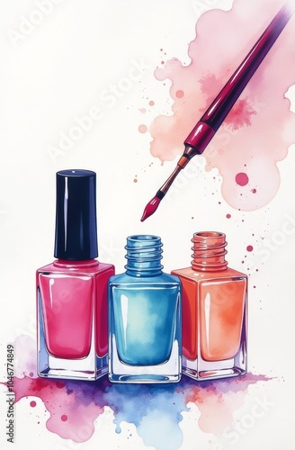 Multicolored nail polish, splashes of nail polish on a bright purple background. Advertising of designer cosmetics. Multicolored bottles of nail polish on a background of liquid splashes. Print photo