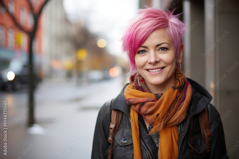 Portrait of a beautiful young woman with pink hair in the city Portrait of a beautiful young woman with pink hair in the city