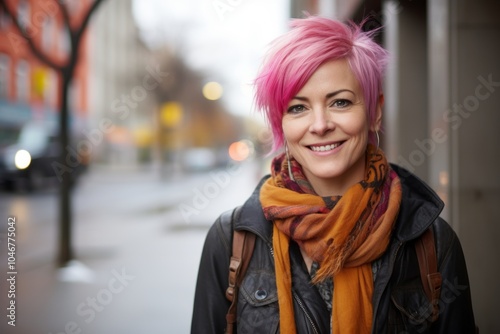 Portrait of a beautiful young woman with pink hair in the city