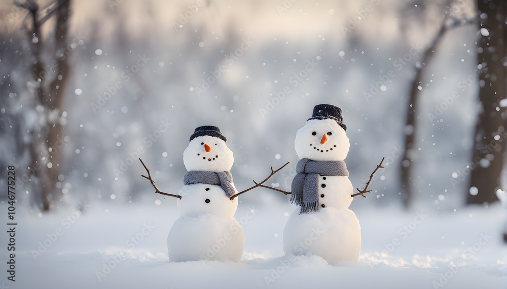 Happy snowman standing outside on a winters day. Concept of winter, snow and childhood. Shallow field. generative ai. Happy snowman standing outside on a winters day. Concept of winter, snow and childhood. Shallow field. generative ai.