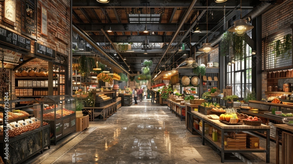 Fototapeta premium A bustling indoor market with exposed brick walls, wooden beams, and various stalls selling fresh produce, baked goods, and other groceries. Customers browse the aisles while enjoying the vibrant 