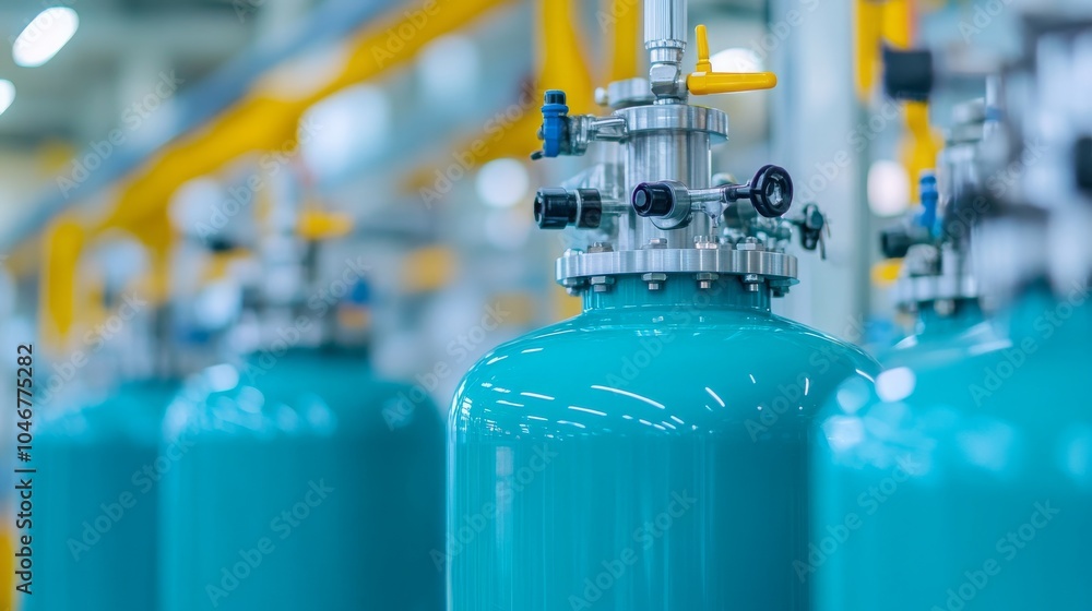 Industrial gas cylinders in a modern facility showcasing the technology behind compressed gases for diverse applications Industrial gas cylinders in a modern facility showcasing the technology behind compressed gases for diverse applications