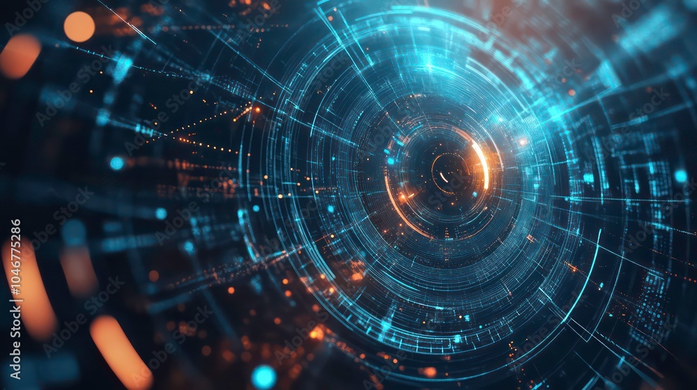 Obraz premium Abstract digital technology background with glowing circles and data.