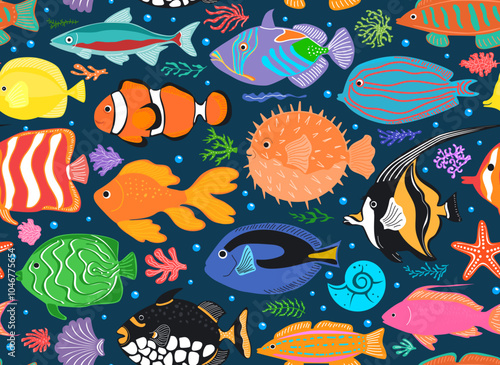sea marine llife tropical fish school illustraiton, vector illustration repeat seamless pattern print