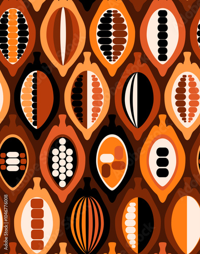 cocoa pods retro mid mod style geometric  seamless pattern in brown beige honey yellow terracotta color palette