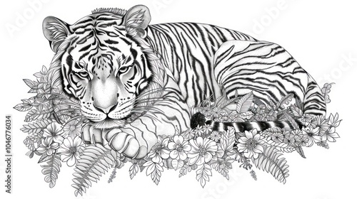 Tiger Resting in Flowers