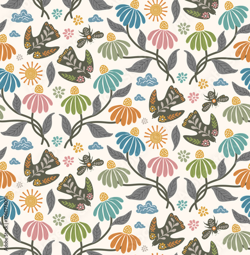 scandinavian nature flying birds conefllowers meadow, bees and sun in muted pale pastel color palette folk art  seamless pattern, vector illustration repeat design
