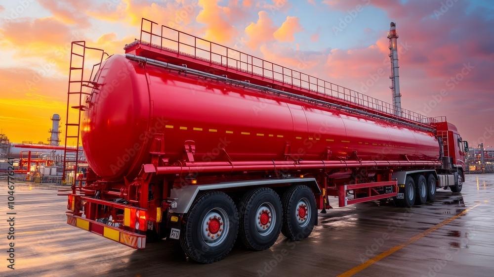 Vibrant sunset over a red fuel tanker truck in an industrial setting showcasing modern transportation and energy infrastructure