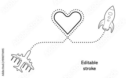 Abstract editable lines spaceship, airplane, heart shape route vector. Creative love concept design to use for valentines day, business, love concept projects.