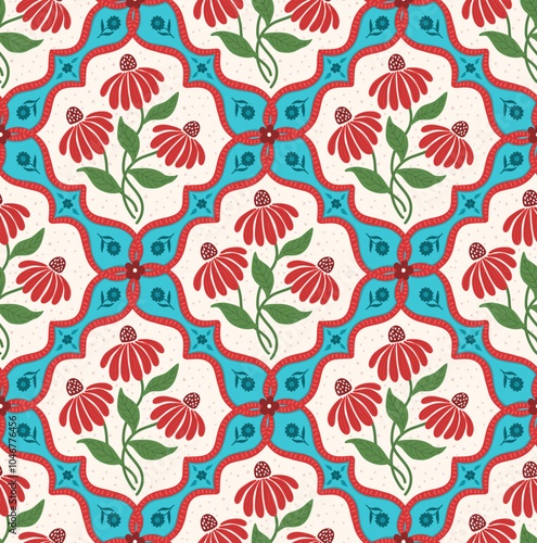 coneflower granny cottage core grandmillennial chic flowers in ogees seamless pattern in red blue cream green colors