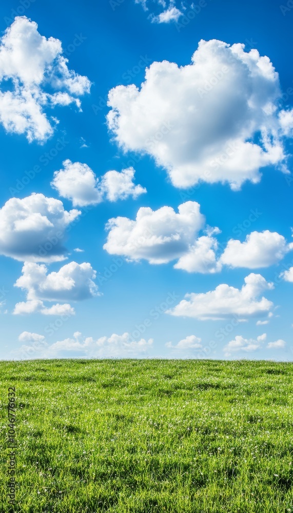 Vivid Green Grass Fields Under a Cloudy Blue Sky on a Summer Day. Background Summer Nature Concept. Vivid Green Grass Fields Under a Cloudy Blue Sky on a Summer Day. Background Summer Nature Concept.