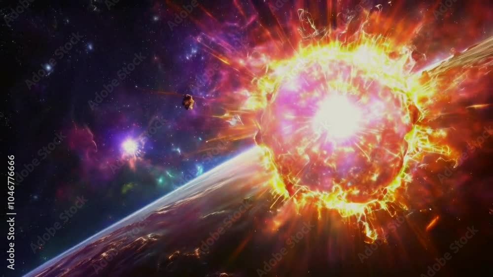 A vibrant cosmic explosion against a starry backdrop, illustrating celestial phenomena. A vibrant cosmic explosion against a starry backdrop, illustrating celestial phenomena.