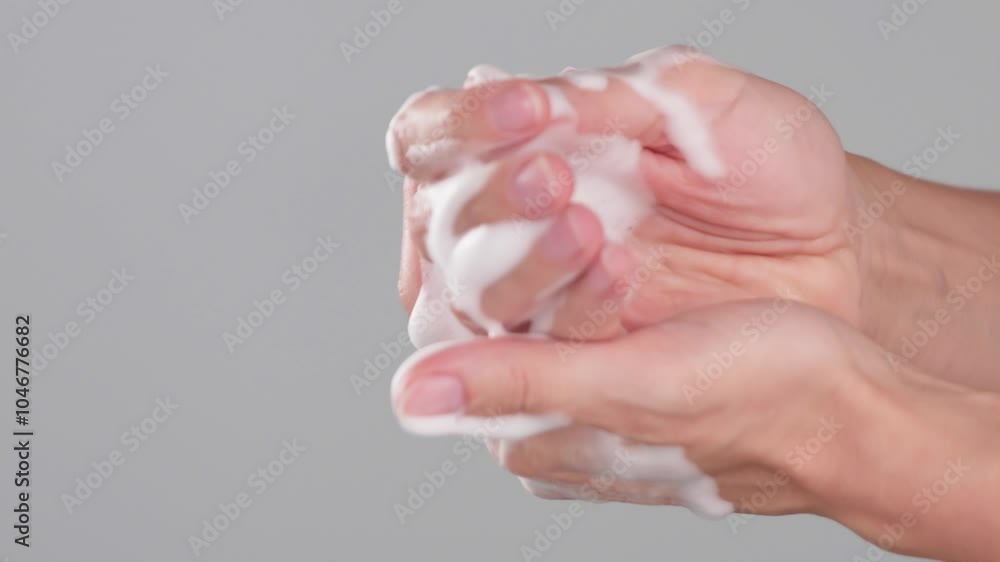 Extreme close-up young women applys gentle hand cleanser washes away dirt and germs, soap foam, face foam, baby soap, body hygiene, skincare concept. Body care product advertising on a gray background Extreme close-up young women applys gentle hand cleanser washes away dirt and germs, soap foam, face foam, baby soap, body hygiene, skincare concept. Body care product advertising on a gray background