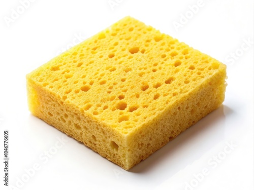 Yellow Kitchen Sponge Isolated on White Background - Close-up Drone Photography of Cleaning Sponge Poses for Hygiene and Bacteria Awareness