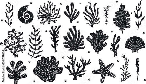 black and white collection of underwater sea corals branches, vector illustration graphic set